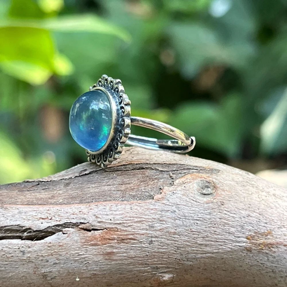 Sterling silver 925‎ stamped adjustable round aquamarine ring 0131